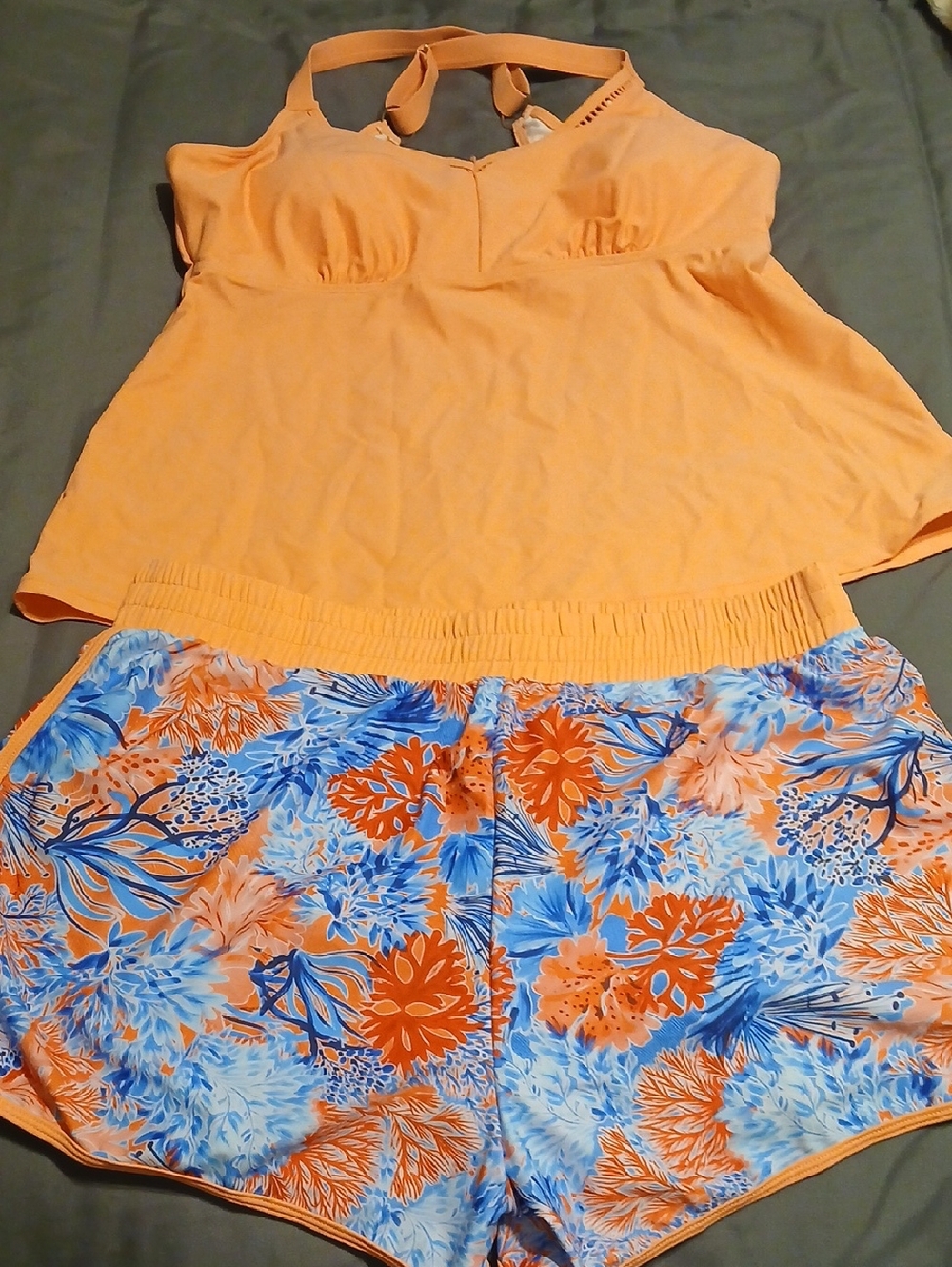 Peach Tankini Top with Orange & Blue Floral Swim Shorts